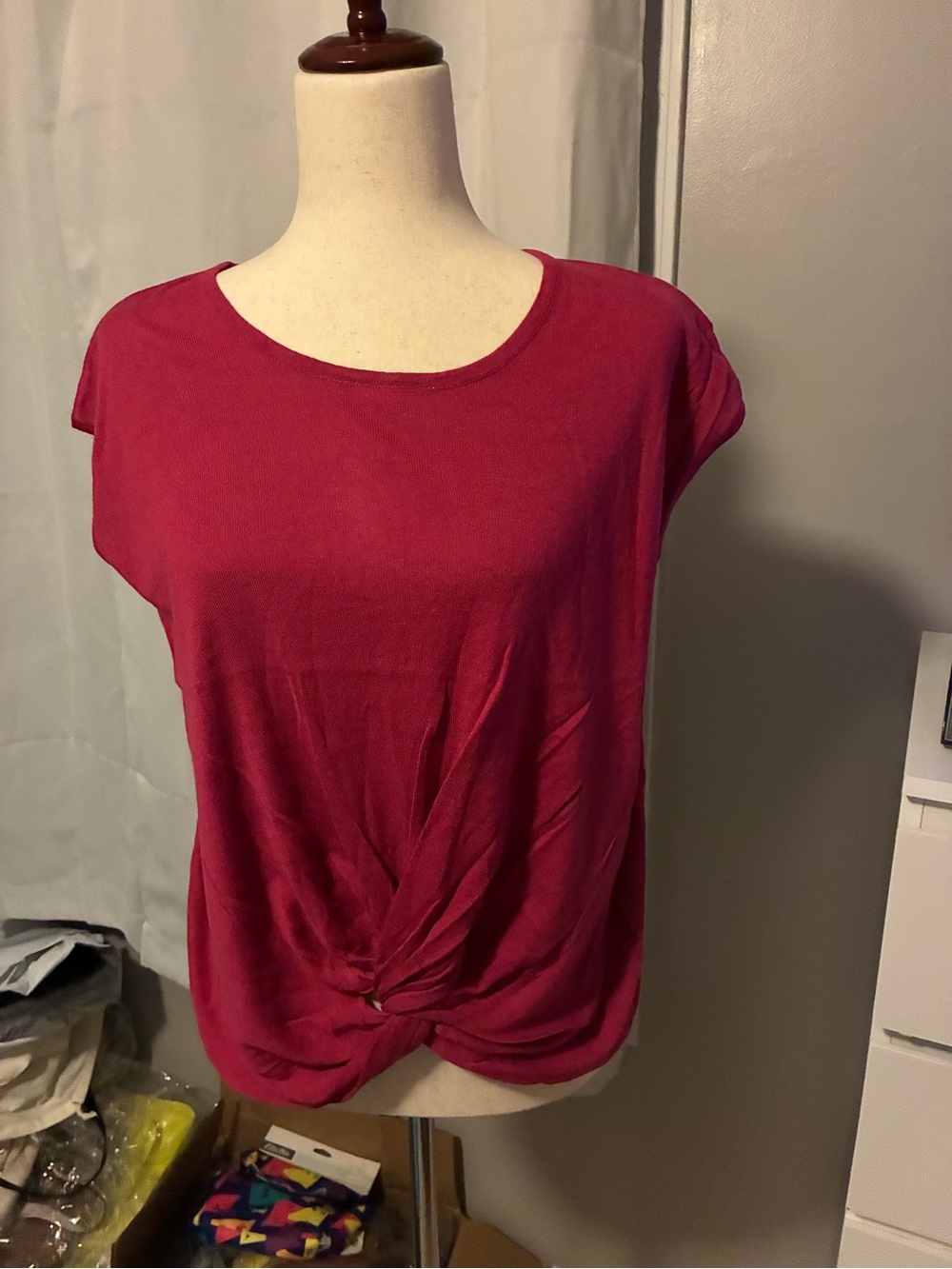 Knot-Front Short Sleeve Blouse - Raspberry Pink